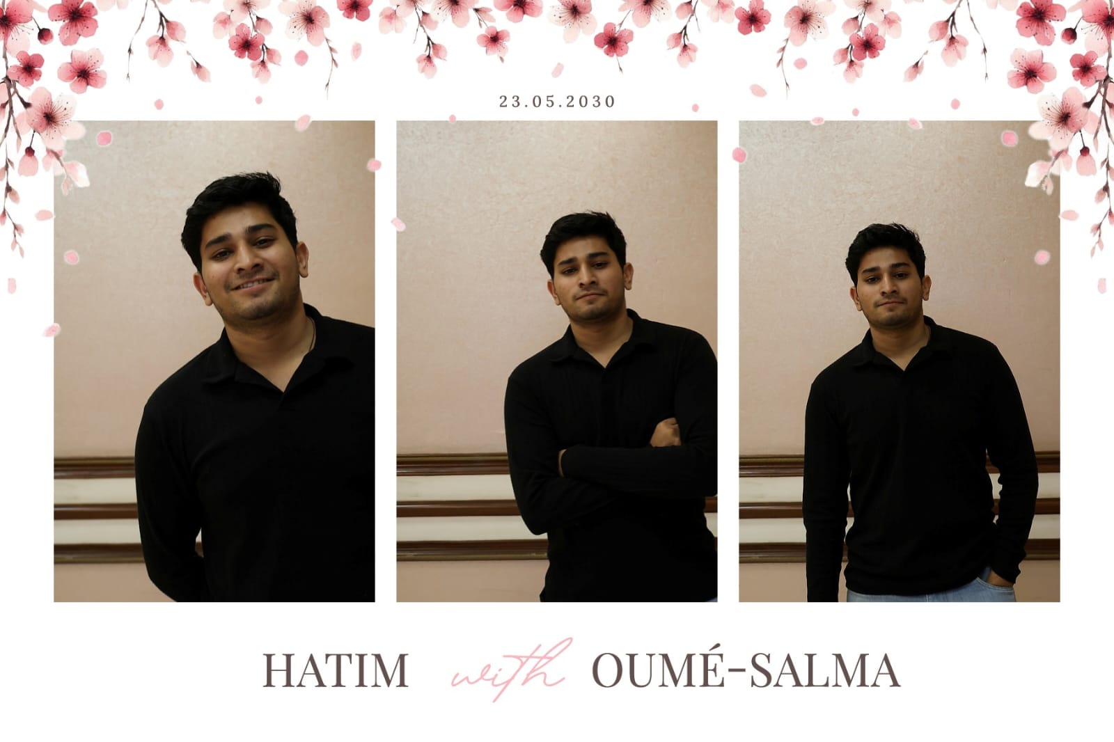 Three-frame wedding photo strip with cherry blossom design