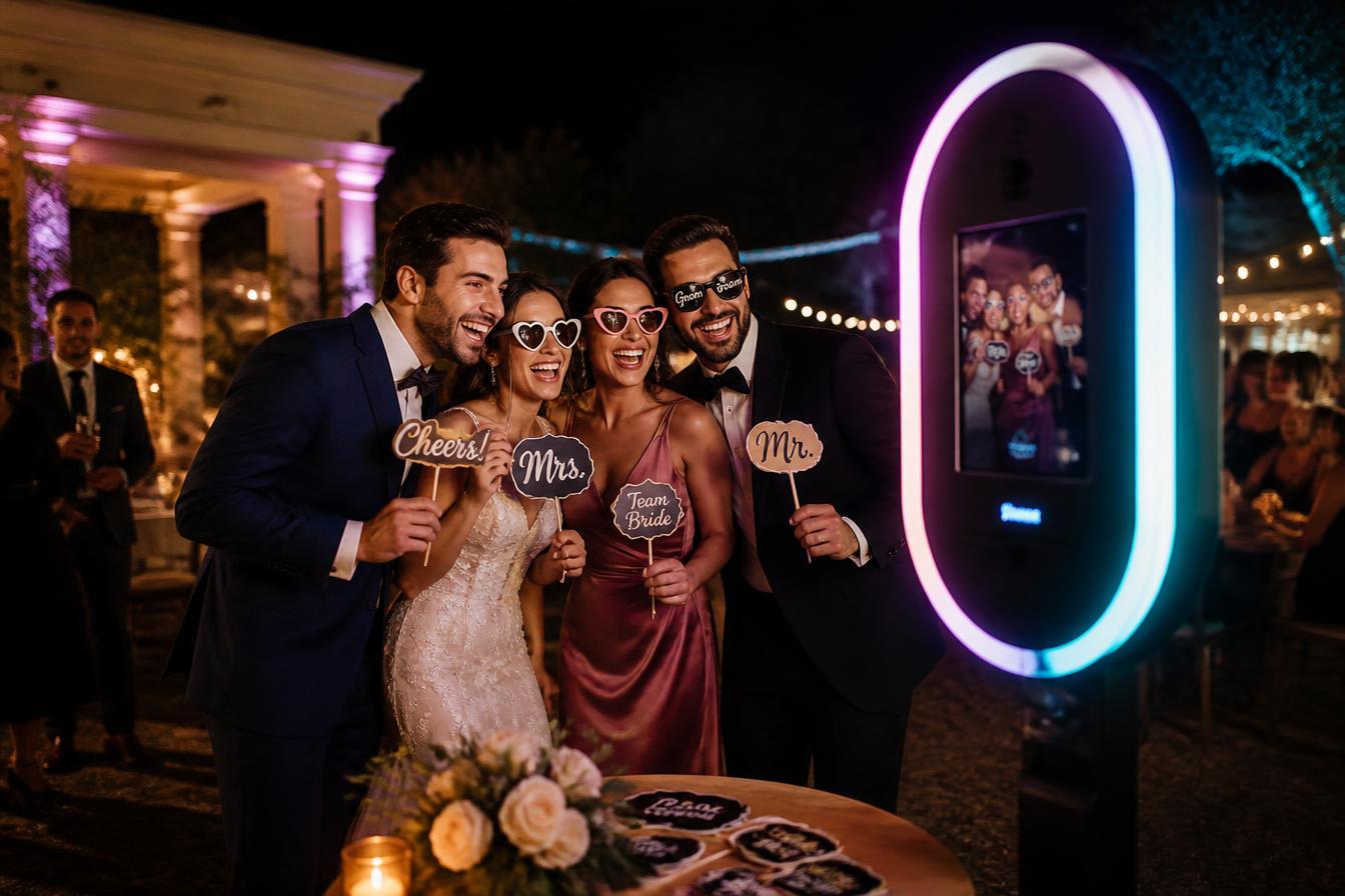 Guests enjoying a SnapMint photo booth at an event